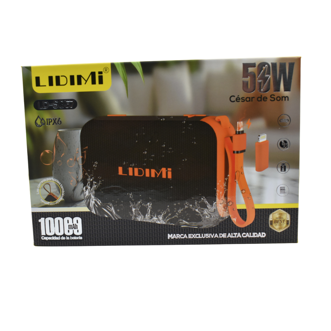 Parlante Bluetooth Lidimi LD-S857 presentacion.de 50W con correa naranja.