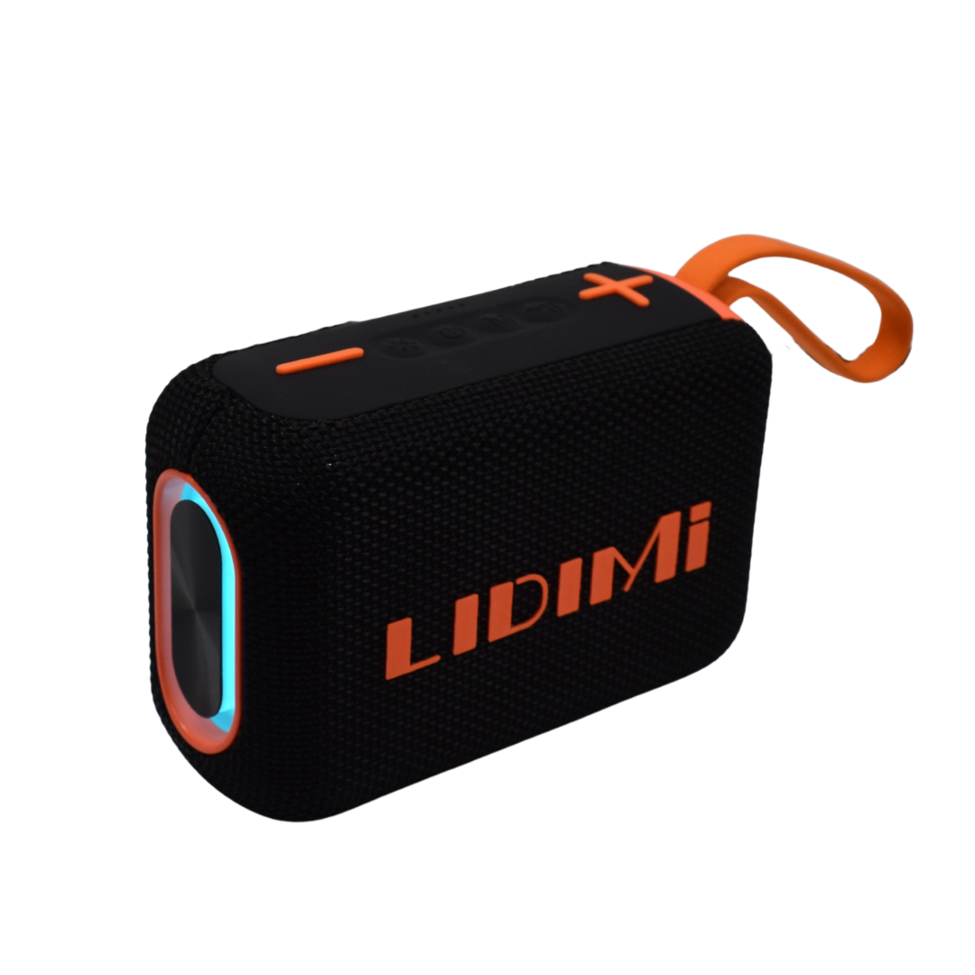 Parlante Bluetooth Lidimi LD-S857 de 50W con correa naranja.