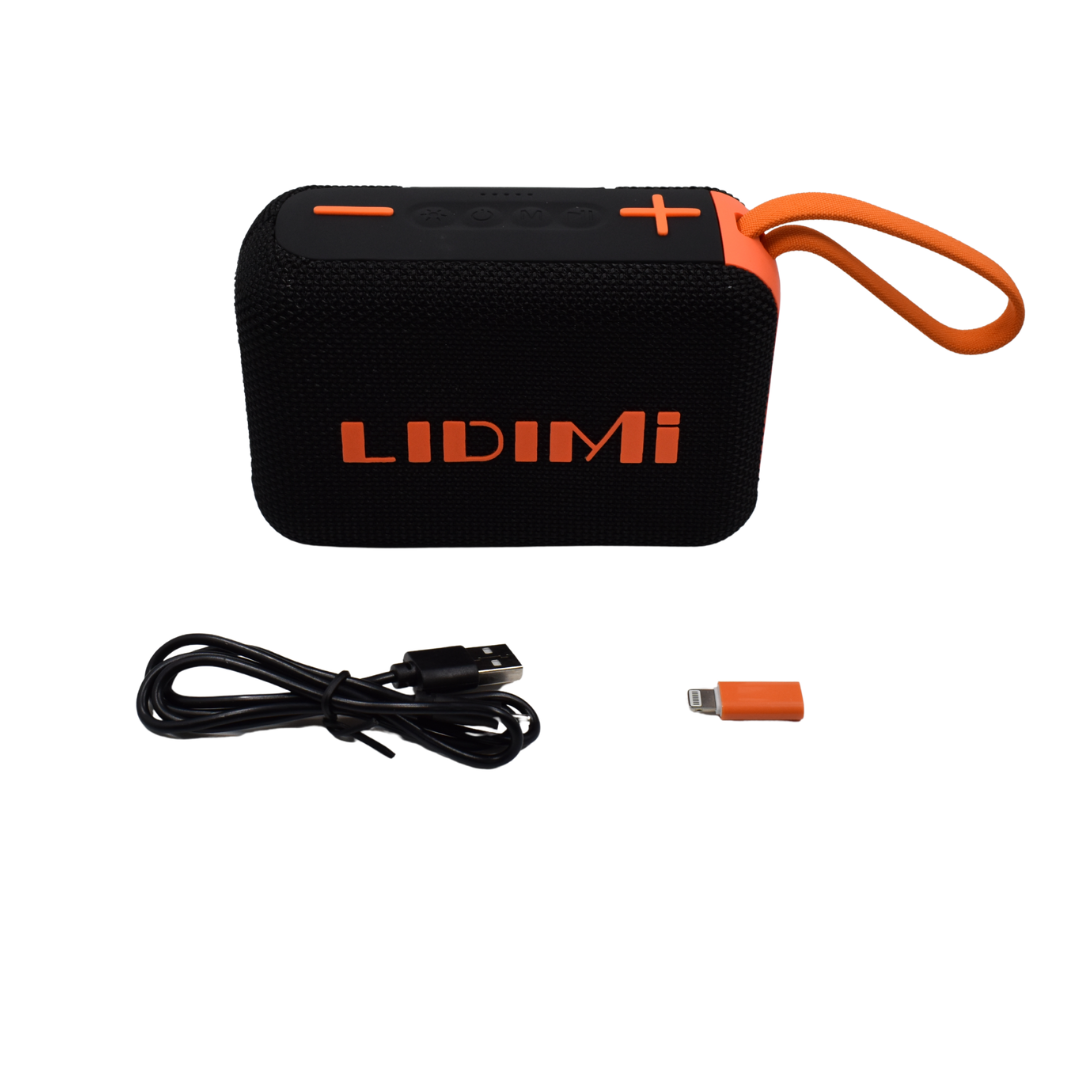 Parlante Bluetooth Lidimi LD-S857 de 50W con correa naranja.