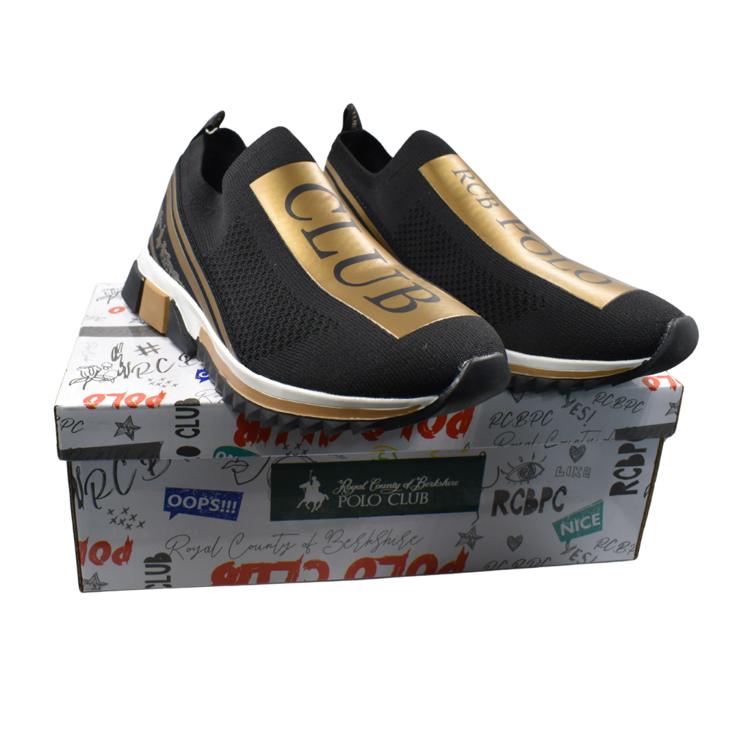 Zapatillas Polo Club con su caja, para hombre negras con detalles dorados, modelo Back Gold.